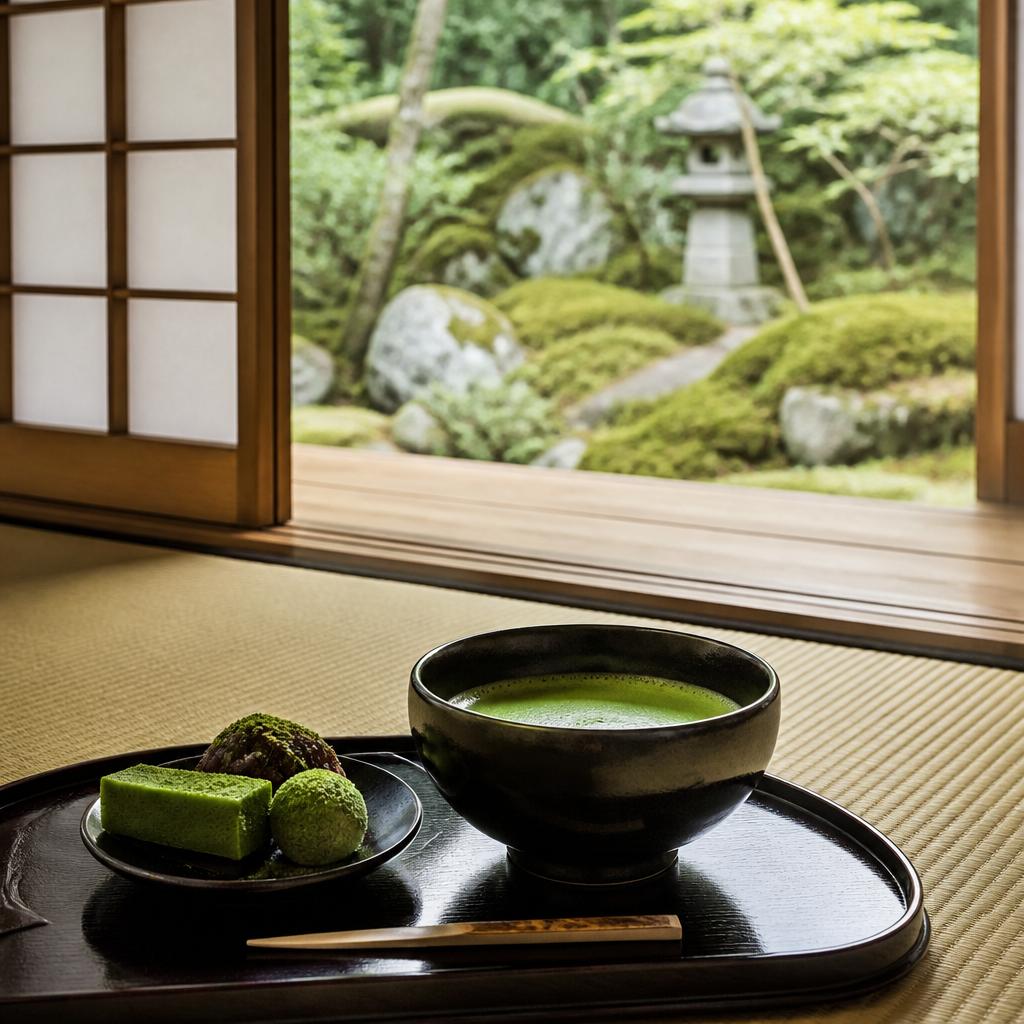 高野山の和室で味わう抹茶スイーツ、心の平安を。